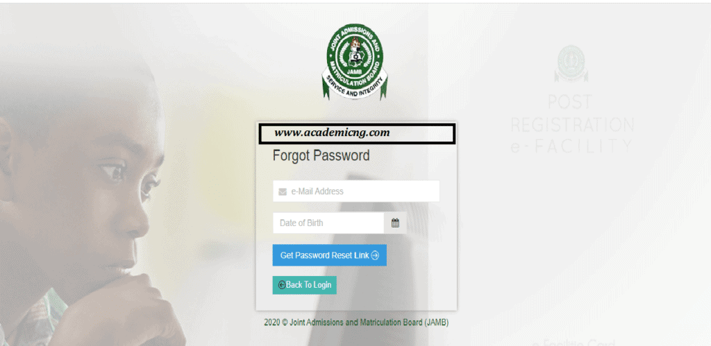 Jamb forget password page